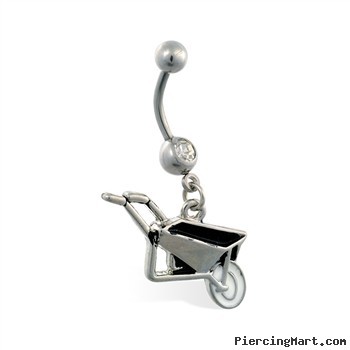 Jeweled belly ring with Dangling Wheel Barrow