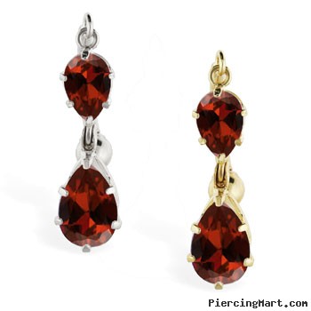 14K Gold reversed belly ring with double Garnet teardrop dangle