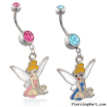 Belly ring with dangling light blue tinkerbell