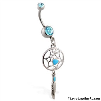 Double jeweled aqua belly ring with dangling dream catcher and feather