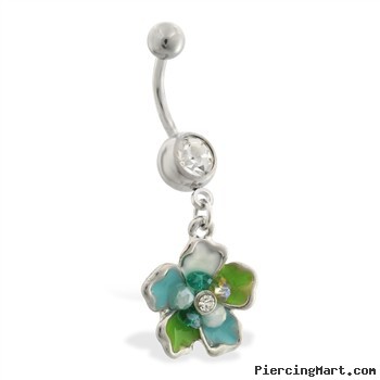 Navel ring with dangling multi-jeweled epoxy flower