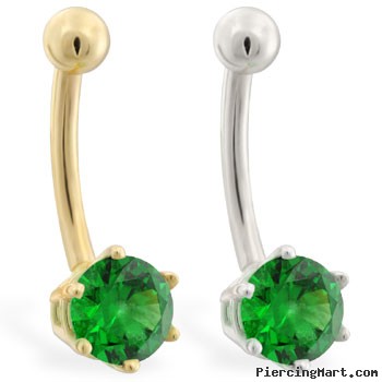 14K yellow gold belly button ring with 6-prong Emerald