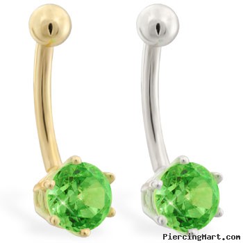 14K yellow gold belly button ring with 6-prong Peridot