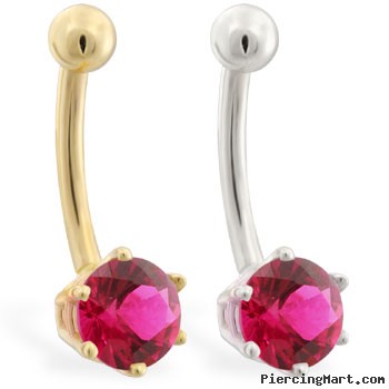 14K yellow gold belly button ring with 6-prong Ruby