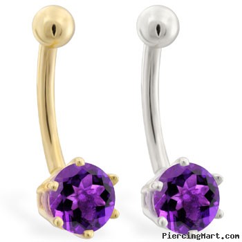 14K Gold belly button ring with 6-prong Amethyst