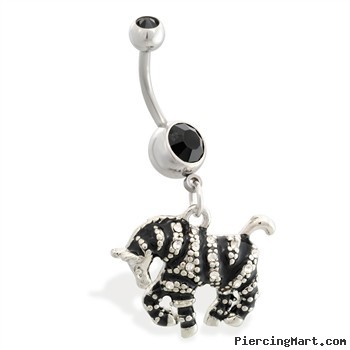 Navel ring with dangling jeweled zebra