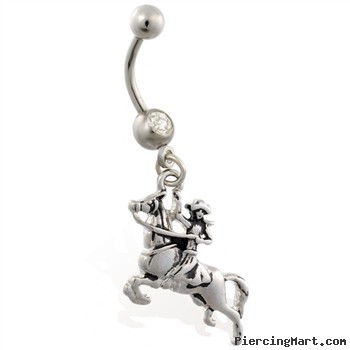 Jeweled belly ring with dangling cowboy riding horse