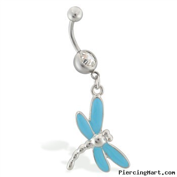 Belly ring with dangling lt blue dragonfly