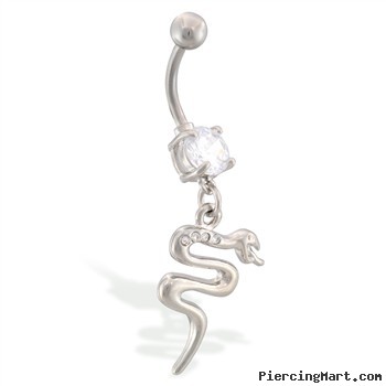 Navel ring with dangling jeweled curved snake