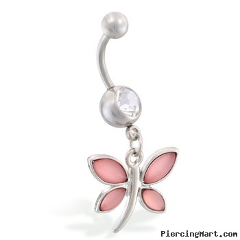 Navel ring with dangling glossy pink butterfly