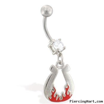 Navel Ring With Dangling Flaming Horseshoe