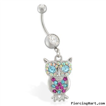 Navel ring with dangling multi-colored jeweled owl