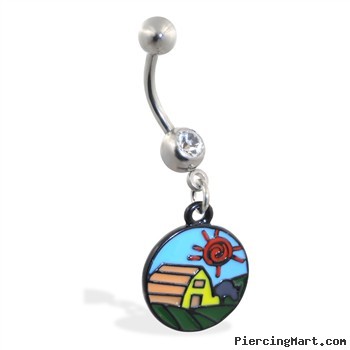 Jeweled belly ring with Dangling Barn-Scape Circle