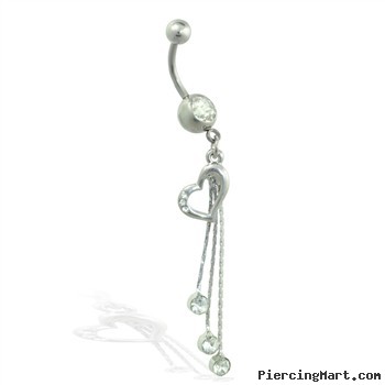 Navel ring with dangling heart and chains with gems