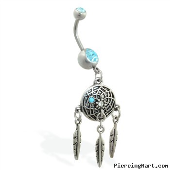 Double jeweled aqua belly ring with dangling dream catcher and feathers