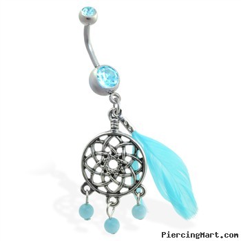 Double jeweled aqua belly ring with dangling dream catcher and feather