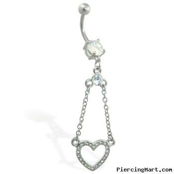 Navel ring with dangling jeweled heart on chains