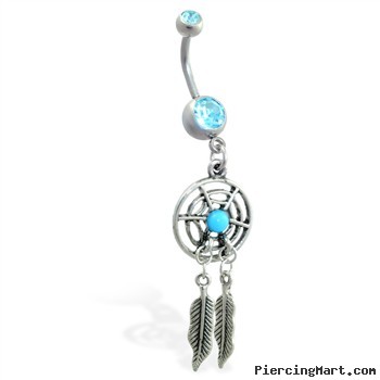 Double jeweled aqua belly ring with dangling dream catcher and feathers