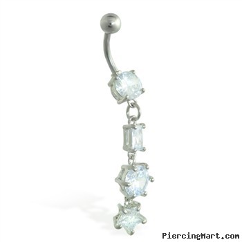 Jeweled navel ring with dangling jeweled shapes