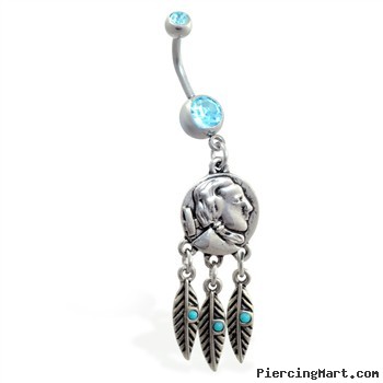 Double jeweled aqua belly ring with dangling indian face coin and feathers