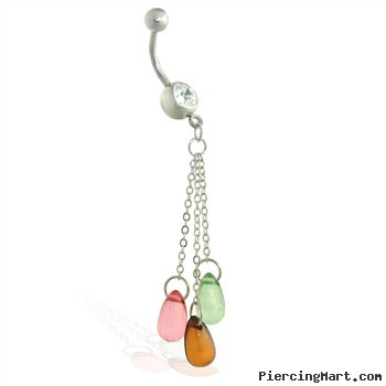 Navel ring with dangling colored stones on chains