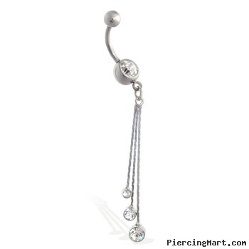 Navel ring with dangling CZs on chains