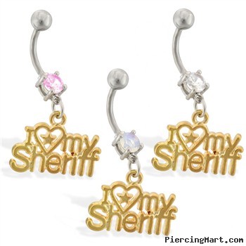 Navel ring with dangling gold colored "I <3 My Sheriff"