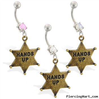 Navel ring with dangling sheriff "HANDS UP" badge