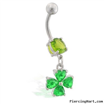 Belly ring with small dangling jeweled four leaf clover