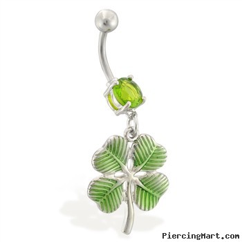 Jeweled belly ring with dangling green four leaf clover