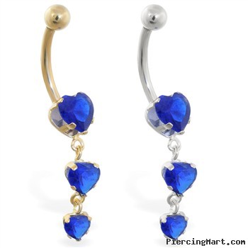 14K Gold belly ring with triple heart Sapphire dangle