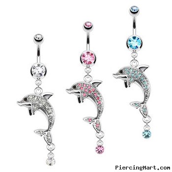 Navel ring with dangling jeweled dolphin