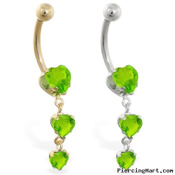 14K Gold belly ring with triple heart Peridot dangle