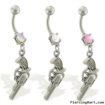 Jeweled navel ring with dangling gun