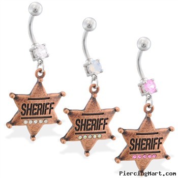 Navel ring with dangling jeweled sheriff badge