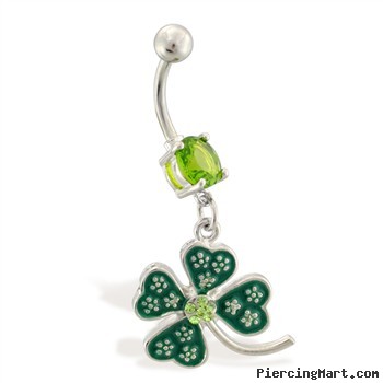 Belly ring with dangling jeweled four leaf clover