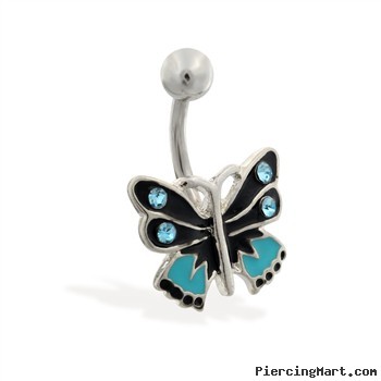 Blue and black butterfly belly ring