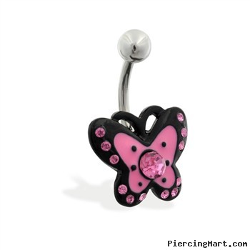 Jeweled pink and black butterfly belly ring