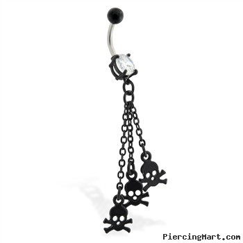 Jeweled black coated belly ring with skull dangles