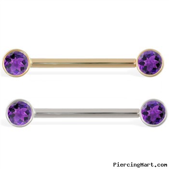 14K Gold Nipple Ring with Bezel Setting Amethyst Gems, 14 Ga