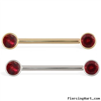 14K Gold Nipple Ring with Bezel Setting Garnet Gems, 14 Ga