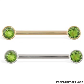 14K Gold Nipple Ring with Bezel Setting Peridot Gems, 14 Ga