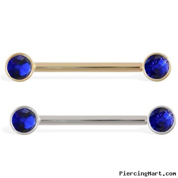 14K Gold Nipple Ring with Bezel Setting Sapphire Gems, 14 Ga