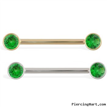 14K Gold Nipple Ring with Bezel Setting Emerald Gems, 14 Ga