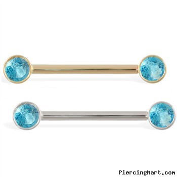 14K Gold Nipple Ring with Bezel Setting Aquamarine Gems, 14 Ga