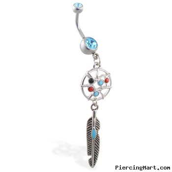 Double jeweled aqua belly ring with dangling dream catcher and feather