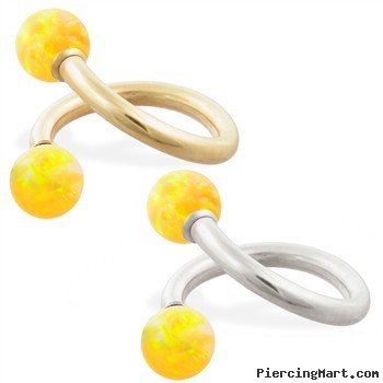 14K Gold twister barbell with Yellow opal balls , 14ga
