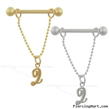 14K Yellow Gold nipple ring with dangling cursive initial Q, 14 ga