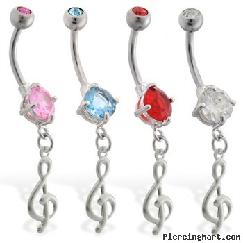 Double jewelry belly ring with dangling treble clef