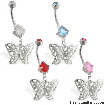 Double jewelry belly ring with dangling butterfly